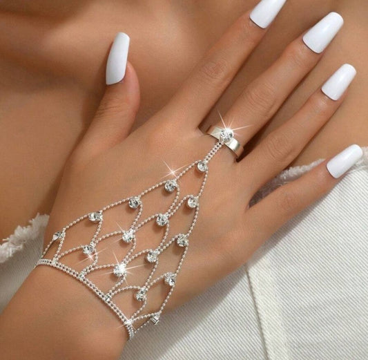 “Tassel and rhinestone hand chain bracelet connecting finger to wrist”

“Shiny finger-to-wrist bracelet with tassels and crystals”

“Boho glam rhinestone hand harness jewelry”

“Festival-style tassel bracelet with finger ring chain”

