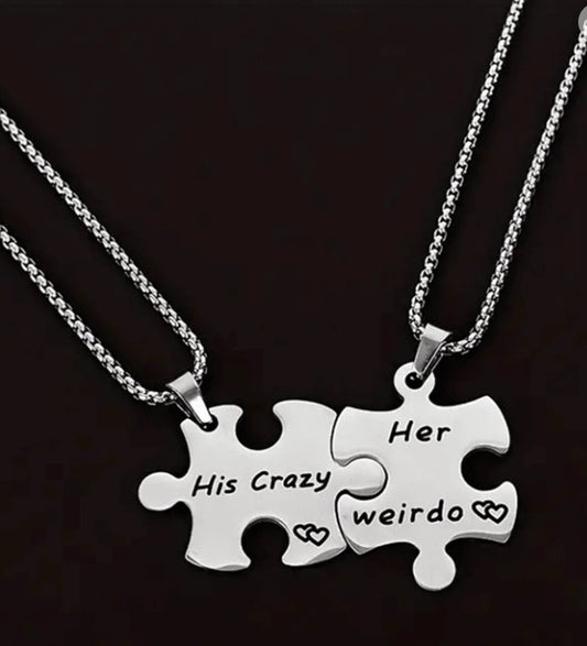 His Crazy, Her Weirdo Puzzle Necklace Set – 2pcs Stainless Steel Engraved Couple Pendant Gift