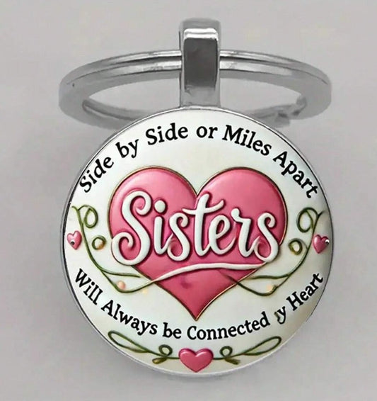 Minimalist circular sisters pendant with engraved heartfelt quote, silver tone charm on delicate chain – sentimental jewelry gift for sisters.