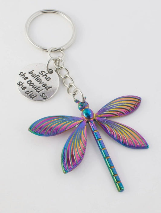 Whimsical Dragonfly Charm Keychain – “She Believed She Could” Quote