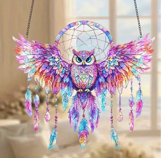 Boho Owl Dream Catcher Wall Hanging – Colorful Glass Sun Catcher (7.1" x 8")