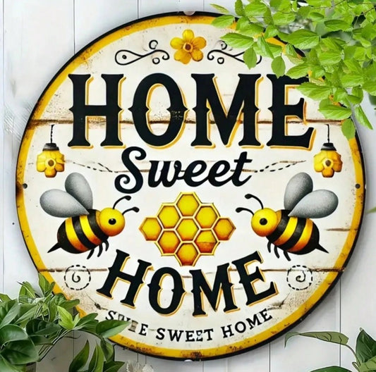 Round vintage honey bee metal sign with sweet home message, 7.8 inches”

“Rustic iron wall decor with bee and floral 2D print, farmhouse style”

“Bee-themed retro wall plaque for kitchen, cafe, or garage decor”

“Christie Bella Bee Loved Collection – rustic bee wall art sign”