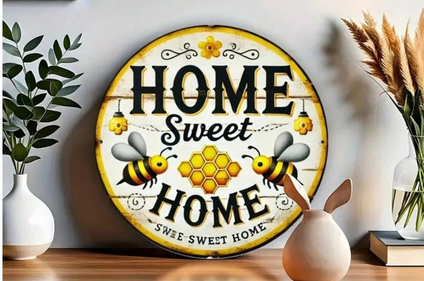 Round vintage honey bee metal sign with sweet home message, 7.8 inches”

“Rustic iron wall decor with bee and floral 2D print, farmhouse style”

“Bee-themed retro wall plaque for kitchen, cafe, or garage decor”

“Christie Bella Bee Loved Collection – rustic bee wall art sign”