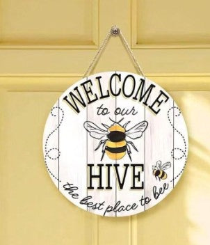 Bee Welcome to Our Hive Wooden Hanging Sign – Rustic Garden & Home Décor – 7.9” or 12” Round Wall Plaque