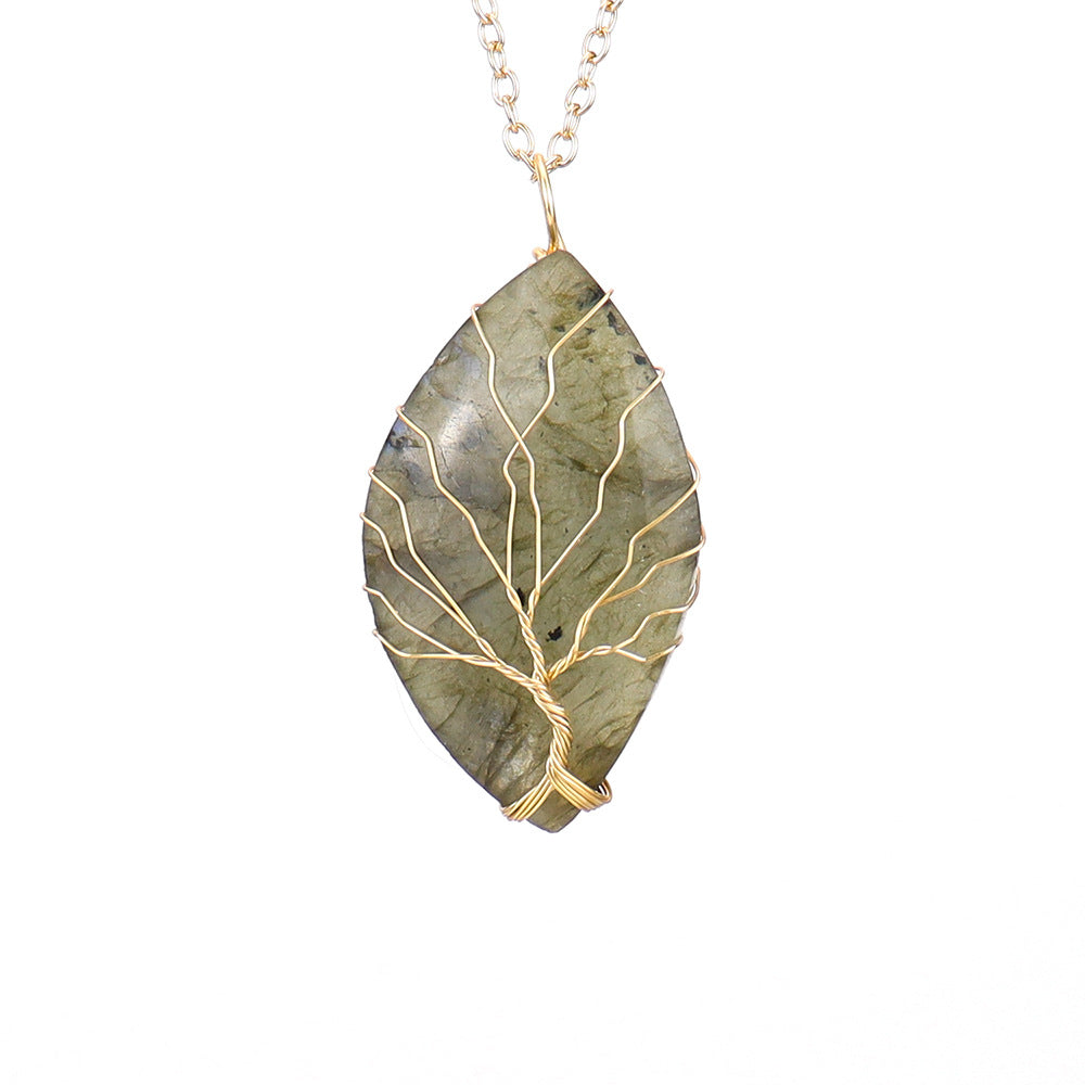 Tree of Life, Leaf Shape Golden Moonstone Pendant Necklace
