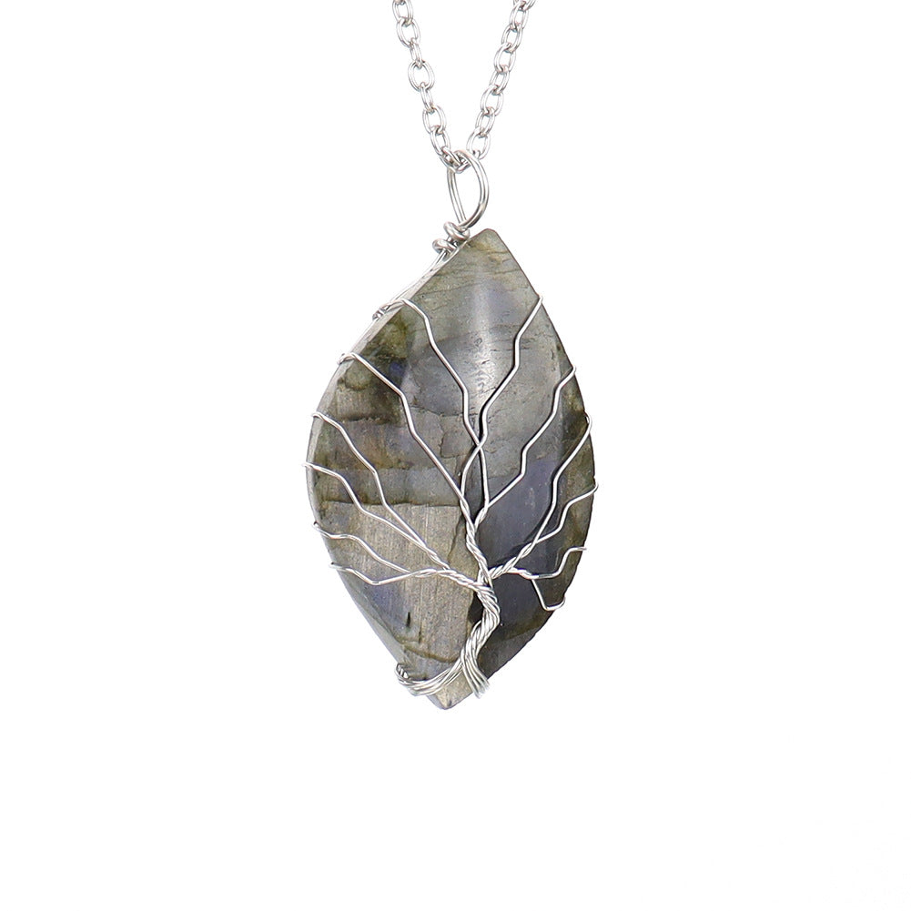 Tree of Life, Leaf Shape Silver Moonstone Pendant Necklace