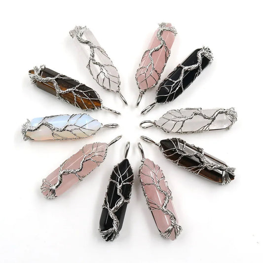 Tree-of-life wire-wrapped crystal-style point pendants; one necklace per purchase
